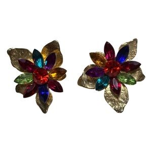 1980s Large Flower Leaf Gold Plated Multi Colored Rhinestone Clip Earrings